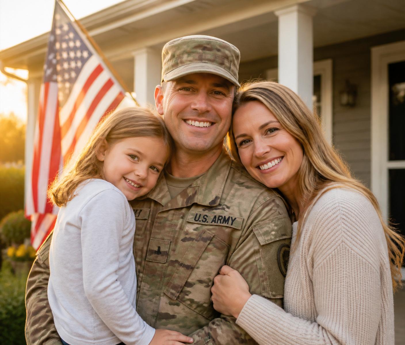 U.S. military Veteran with his family on the front porch of their home